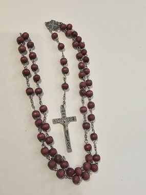 Rosary Necklace with Burgundy Wooden Beads and Silver Crucifix